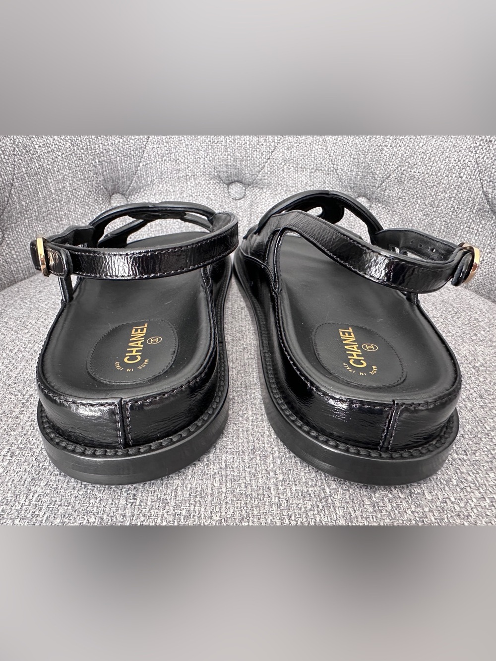 NEW BLAZY Chanel 2026 large CC LOGO BLACK LEATHER DADS SANDALS SIZE 38.5C - Picture 11 of 16